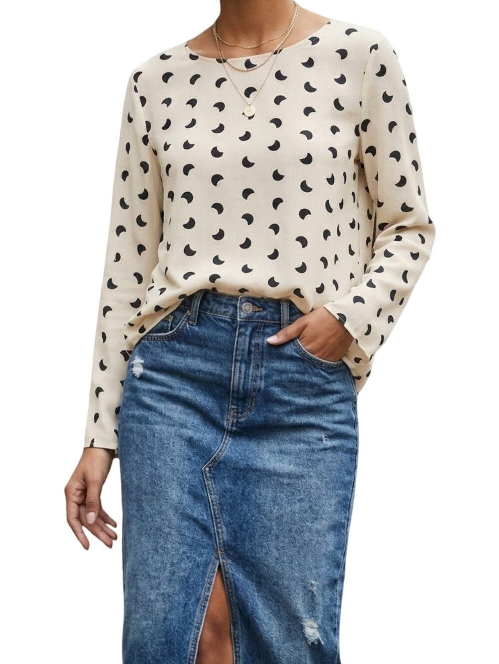 ANTHROPOLOGIE DOLAN Eclipse Moon Print Silk Blouse Ivory Black Crescent S